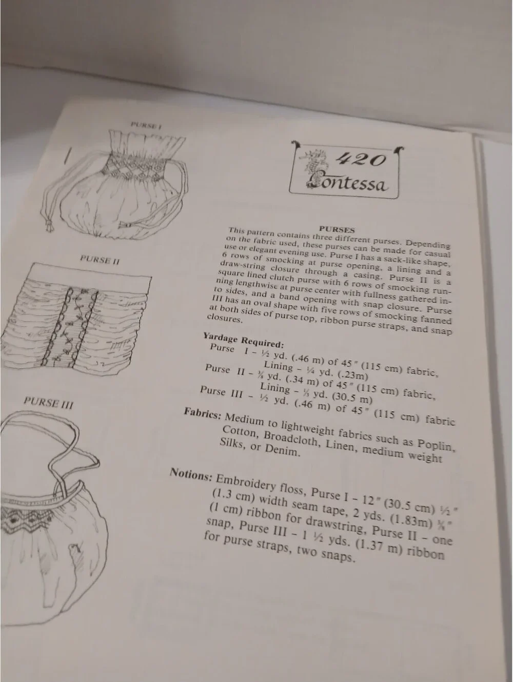 Vintage Contessa 420 Smocking Sewing Pattern 3 Purse Styles Evening Bag